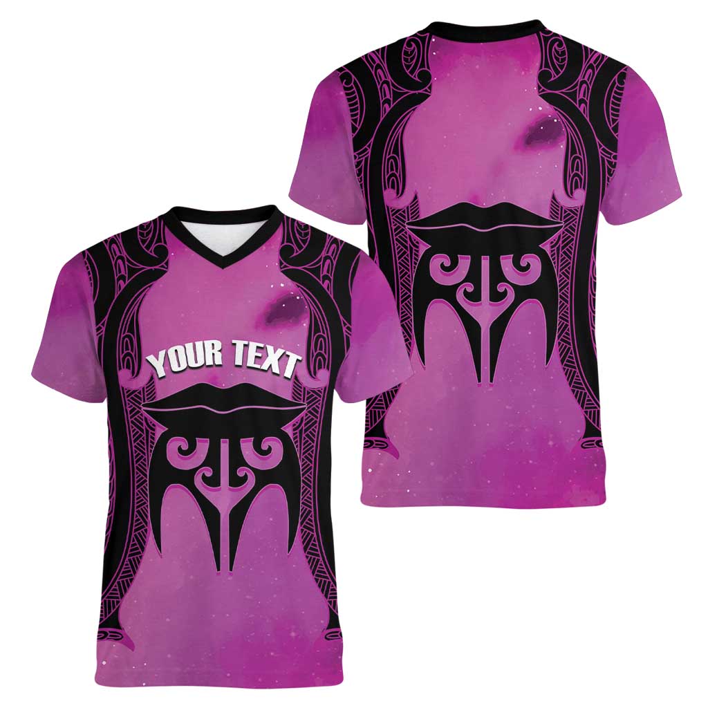 Personalised Moko Kauae New Zealand Women V-Neck T-Shirt Maori Chin Tattoo Pink LT14 - Polynesian Pride