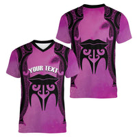 Personalised Moko Kauae New Zealand Women V-Neck T-Shirt Maori Chin Tattoo Pink LT14 - Polynesian Pride