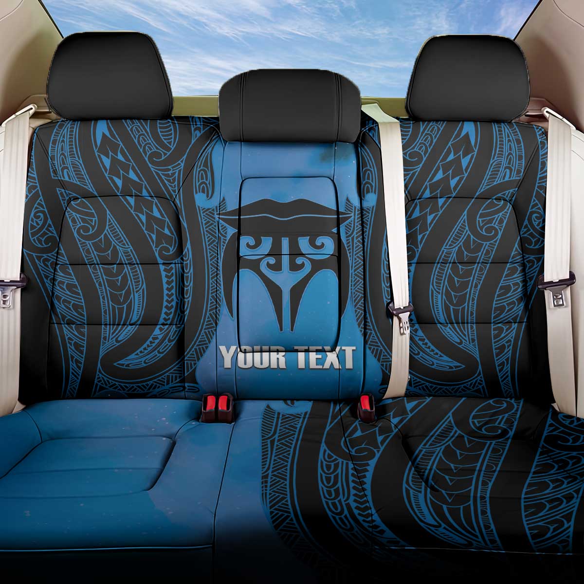 Personalised Moko Kauae New Zealand Back Car Seat Cover Maori Chin Tattoo Blue - Polynesian Pride