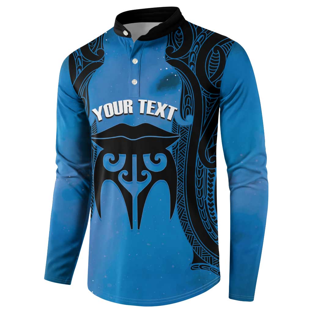 Personalised Moko Kauae New Zealand Button Sweatshirt Maori Chin Tattoo Blue - Polynesian Pride