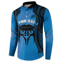 Personalised Moko Kauae New Zealand Button Sweatshirt Maori Chin Tattoo Blue - Polynesian Pride