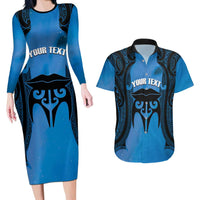 Personalised Moko Kauae New Zealand Couples Matching Long Sleeve Bodycon Dress and Hawaiian Shirt Maori Chin Tattoo Blue LT14 Blue - Polynesian Pride