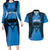 Personalised Moko Kauae New Zealand Couples Matching Long Sleeve Bodycon Dress and Hawaiian Shirt Maori Chin Tattoo Blue - Polynesian Pride