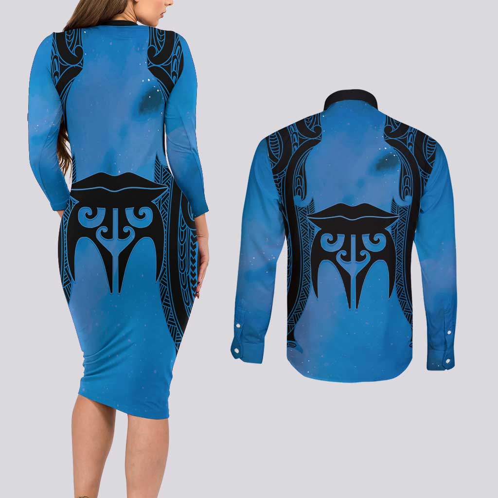 Personalised Moko Kauae New Zealand Couples Matching Long Sleeve Bodycon Dress and Long Sleeve Button Shirt Maori Chin Tattoo Blue LT14 - Polynesian Pride