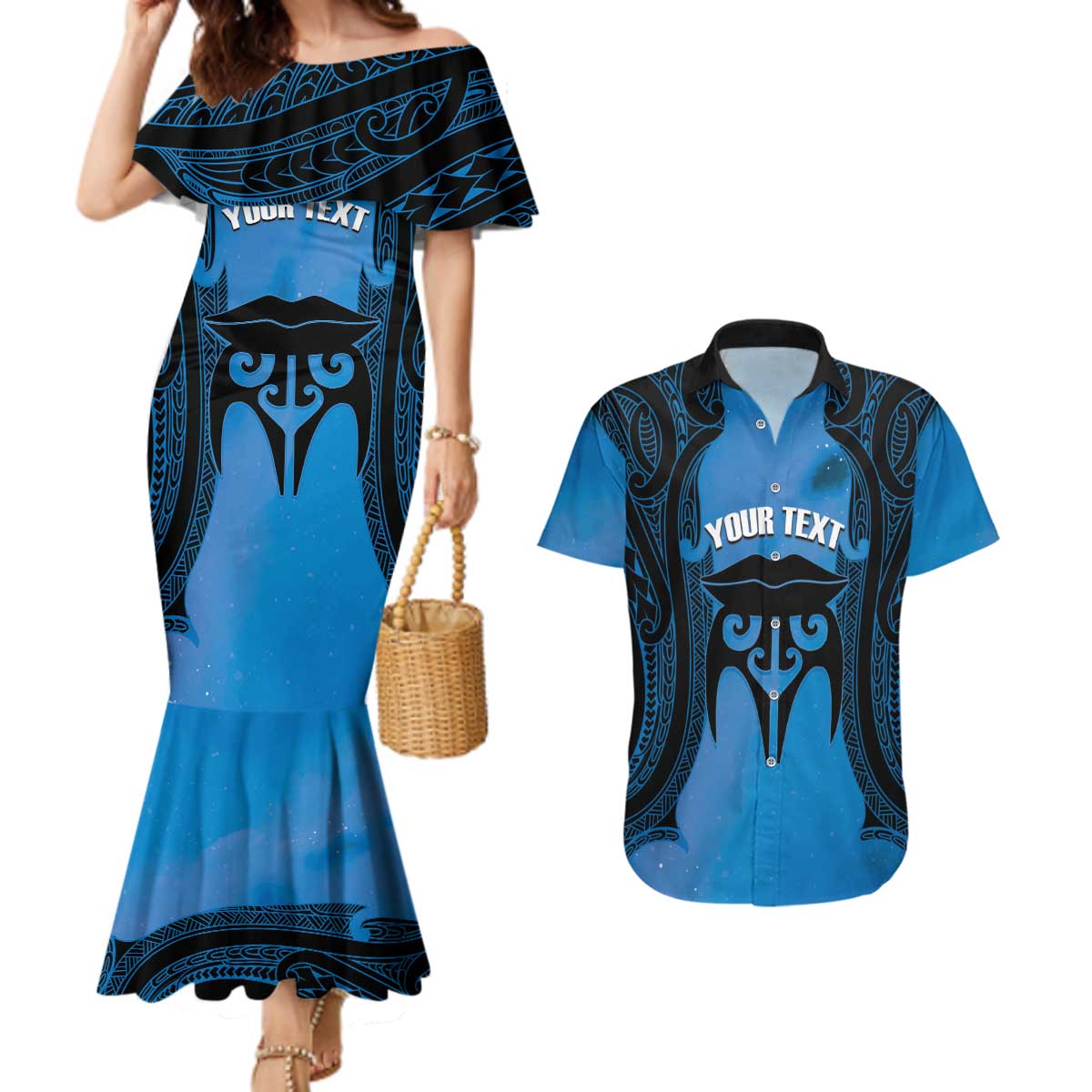 Personalised Moko Kauae New Zealand Couples Matching Mermaid Dress and Hawaiian Shirt Maori Chin Tattoo Blue - Polynesian Pride