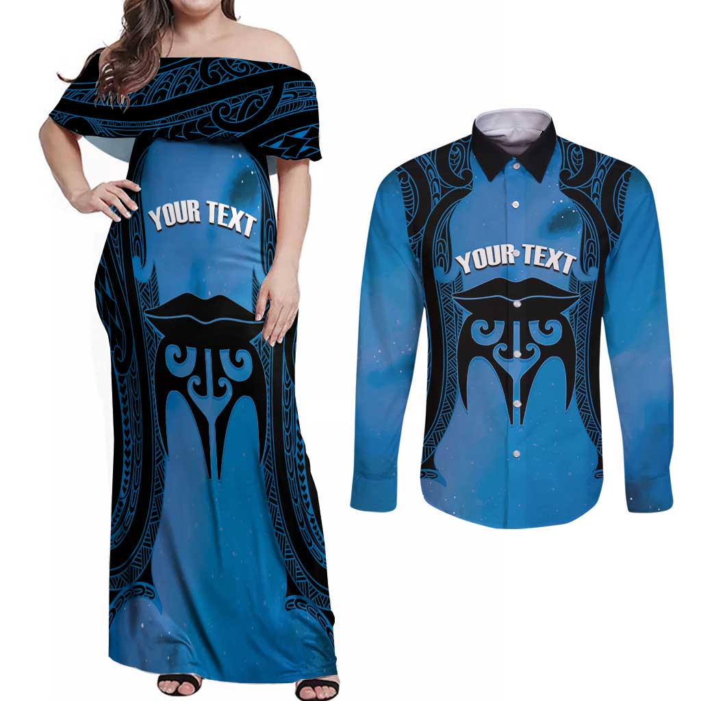 Personalised Moko Kauae New Zealand Couples Matching Off Shoulder Maxi Dress and Long Sleeve Button Shirt Maori Chin Tattoo Blue LT14 Blue - Polynesian Pride