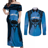 Personalised Moko Kauae New Zealand Couples Matching Off Shoulder Maxi Dress and Long Sleeve Button Shirt Maori Chin Tattoo Blue LT14 Blue - Polynesian Pride