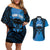 Personalised Moko Kauae New Zealand Couples Matching Off Shoulder Short Dress and Hawaiian Shirt Maori Chin Tattoo Blue - Polynesian Pride