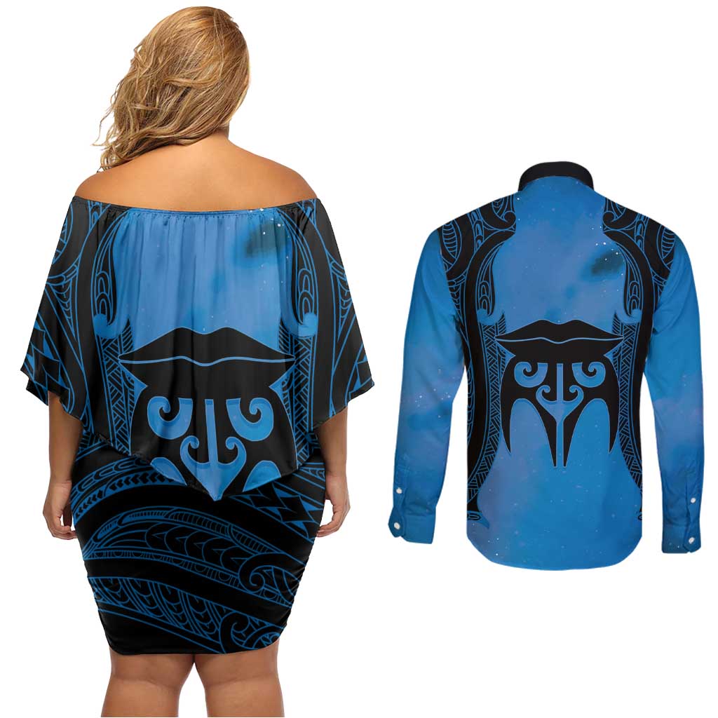 Personalised Moko Kauae New Zealand Couples Matching Off Shoulder Short Dress and Long Sleeve Button Shirt Maori Chin Tattoo Blue LT14 - Polynesian Pride