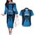 Personalised Moko Kauae New Zealand Couples Matching Off The Shoulder Long Sleeve Dress and Hawaiian Shirt Maori Chin Tattoo Blue - Polynesian Pride