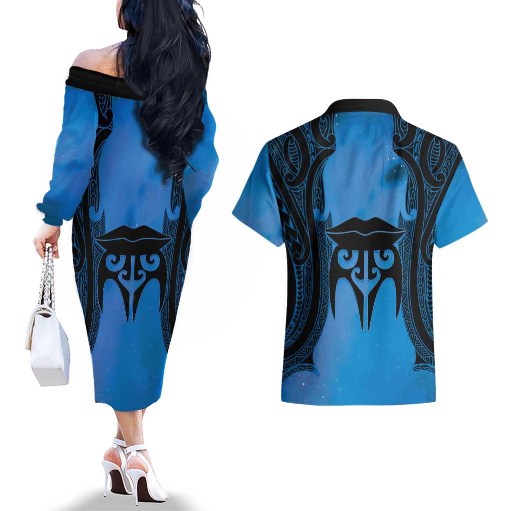 Personalised Moko Kauae New Zealand Couples Matching Off The Shoulder Long Sleeve Dress and Hawaiian Shirt Maori Chin Tattoo Blue LT14 - Polynesian Pride
