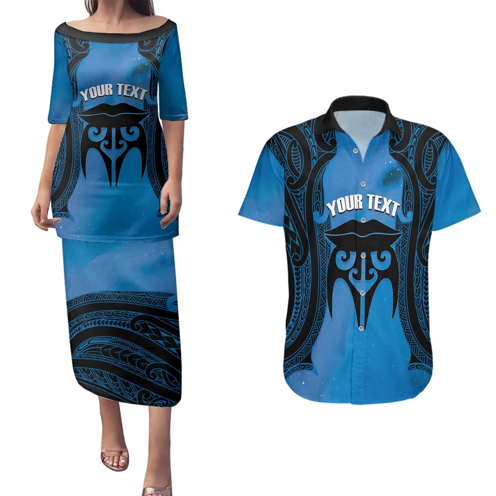 Personalised Moko Kauae New Zealand Couples Matching Puletasi and Hawaiian Shirt Maori Chin Tattoo Blue - Polynesian Pride