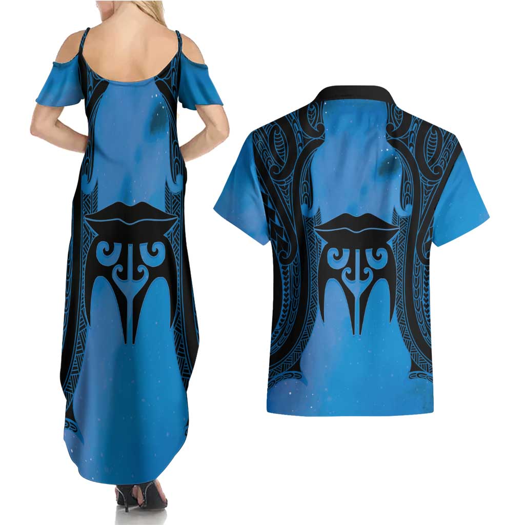 Personalised Moko Kauae New Zealand Couples Matching Summer Maxi Dress and Hawaiian Shirt Maori Chin Tattoo Blue LT14 - Polynesian Pride
