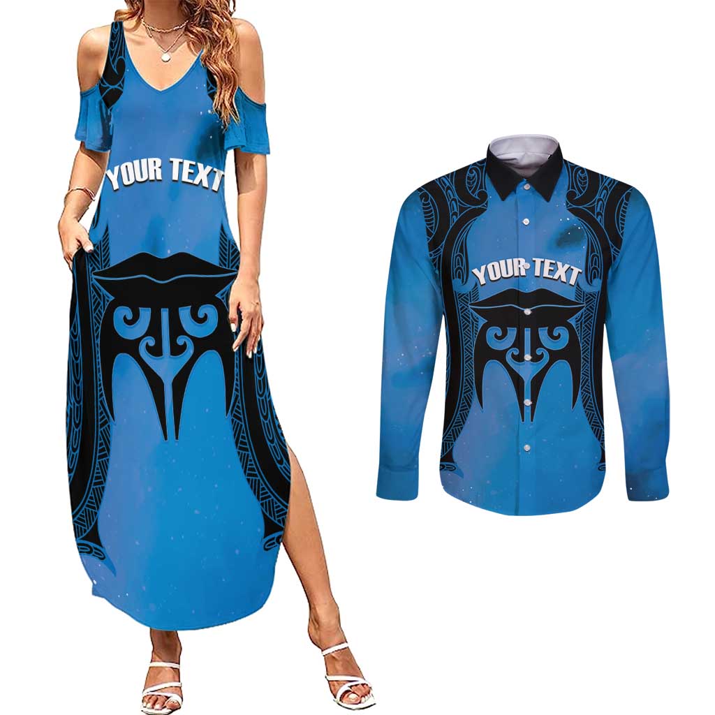 Personalised Moko Kauae New Zealand Couples Matching Summer Maxi Dress and Long Sleeve Button Shirt Maori Chin Tattoo Blue - Polynesian Pride