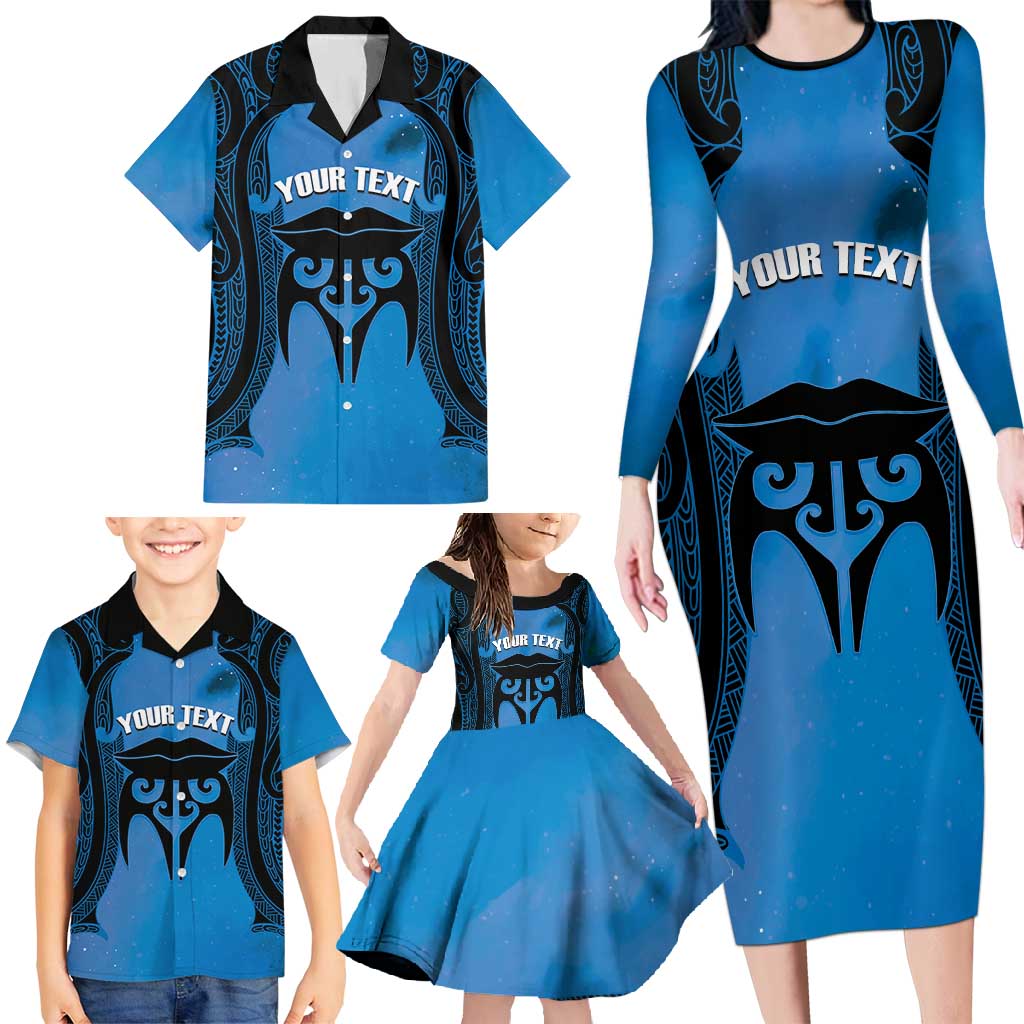 Personalised Moko Kauae New Zealand Family Matching Long Sleeve Bodycon Dress and Hawaiian Shirt Maori Chin Tattoo Blue - Polynesian Pride