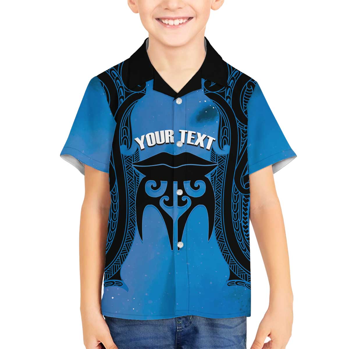 Personalised Moko Kauae New Zealand Family Matching Off The Shoulder Long Sleeve Dress and Hawaiian Shirt Maori Chin Tattoo Blue - Polynesian Pride