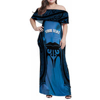 Personalised Moko Kauae New Zealand Family Matching Off Shoulder Maxi Dress and Hawaiian Shirt Maori Chin Tattoo Blue - Polynesian Pride