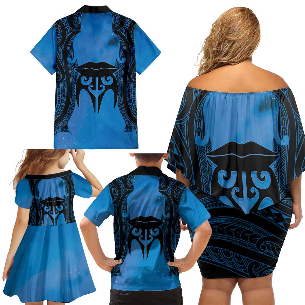 Personalised Moko Kauae New Zealand Family Matching Off Shoulder Short Dress and Hawaiian Shirt Maori Chin Tattoo Blue - Polynesian Pride