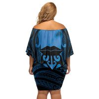 Personalised Moko Kauae New Zealand Family Matching Off Shoulder Short Dress and Hawaiian Shirt Maori Chin Tattoo Blue - Polynesian Pride