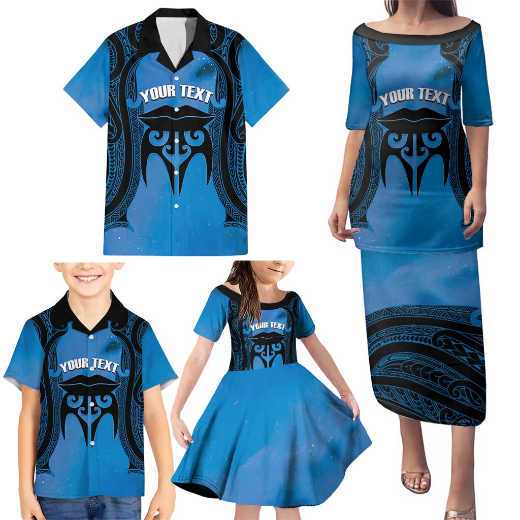 Personalised Moko Kauae New Zealand Family Matching Puletasi and Hawaiian Shirt Maori Chin Tattoo Blue - Polynesian Pride