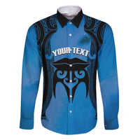 Personalised Moko Kauae New Zealand Family Matching Short Sleeve Bodycon Dress and Hawaiian Shirt Maori Chin Tattoo Blue - Polynesian Pride