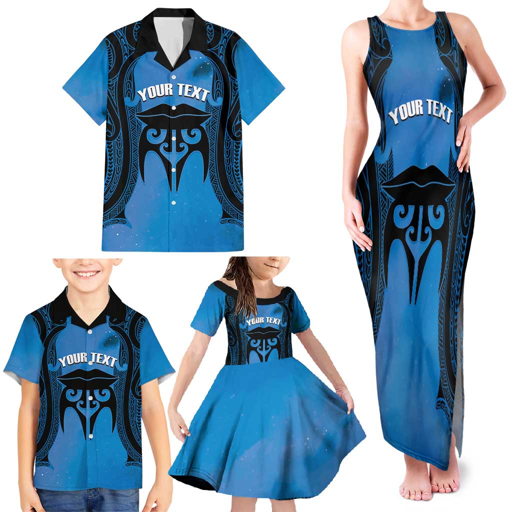 Personalised Moko Kauae New Zealand Family Matching Tank Maxi Dress and Hawaiian Shirt Maori Chin Tattoo Blue - Polynesian Pride