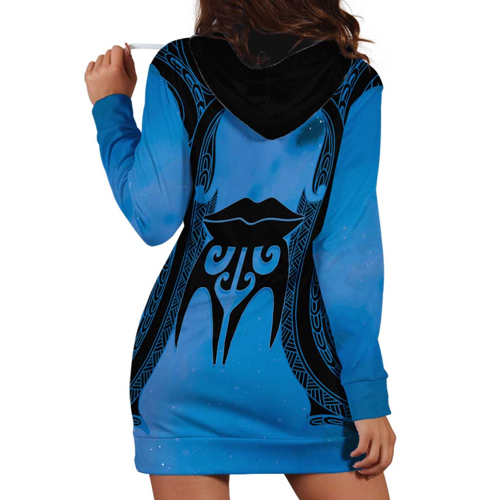 Personalised Moko Kauae New Zealand Hoodie Dress Maori Chin Tattoo Blue LT14 - Polynesian Pride