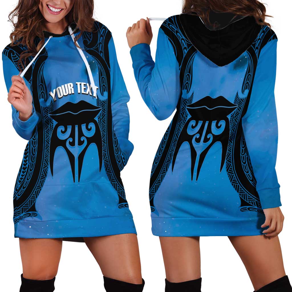 Personalised Moko Kauae New Zealand Hoodie Dress Maori Chin Tattoo Blue LT14 - Polynesian Pride