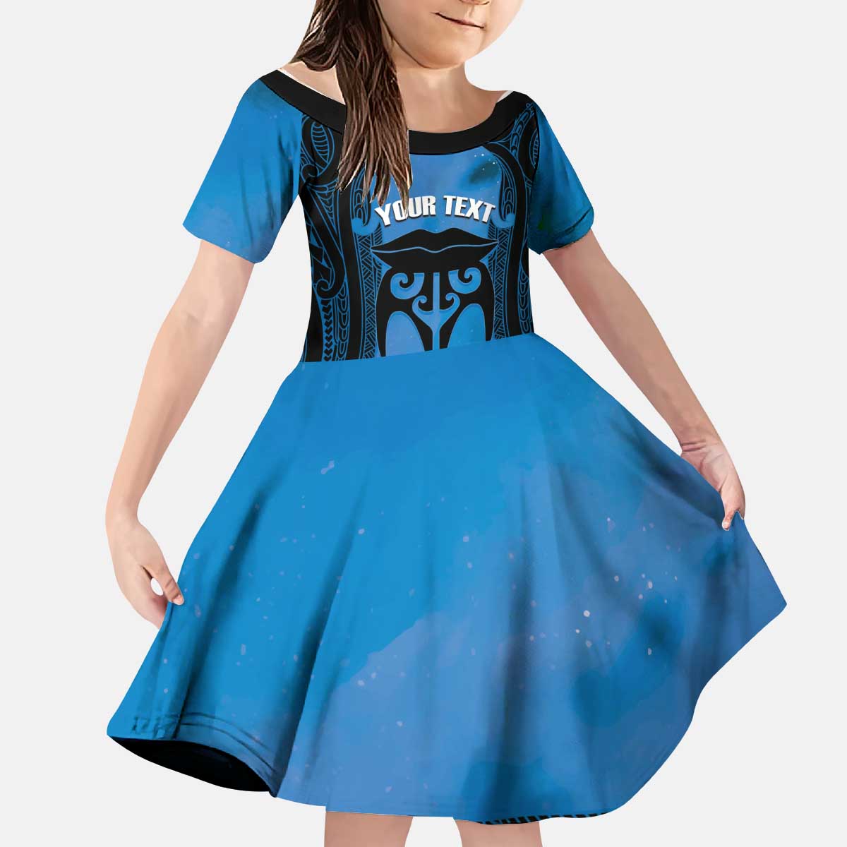 Personalised Moko Kauae New Zealand Kid Short Sleeve Dress Maori Chin Tattoo Blue - Polynesian Pride
