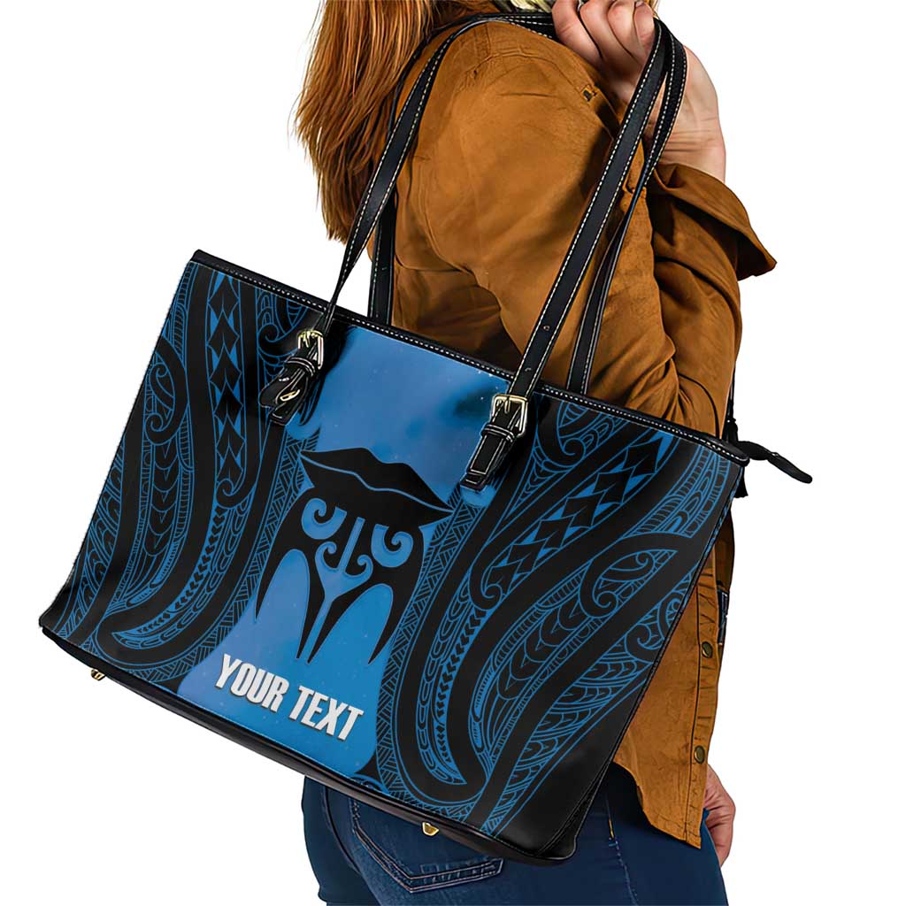 Personalised Moko Kauae New Zealand Leather Tote Bag Maori Chin Tattoo Blue - Polynesian Pride