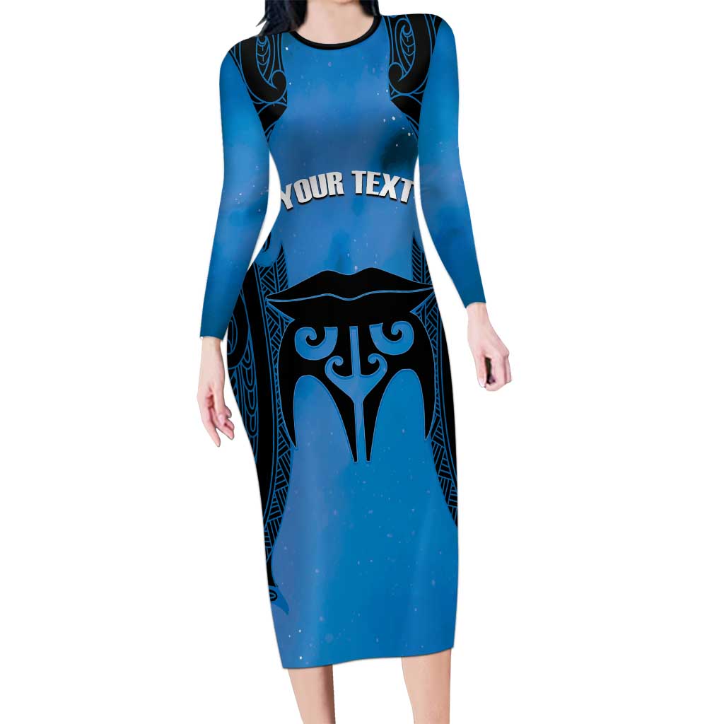 Personalised Moko Kauae New Zealand Long Sleeve Bodycon Dress Maori Chin Tattoo Blue - Polynesian Pride