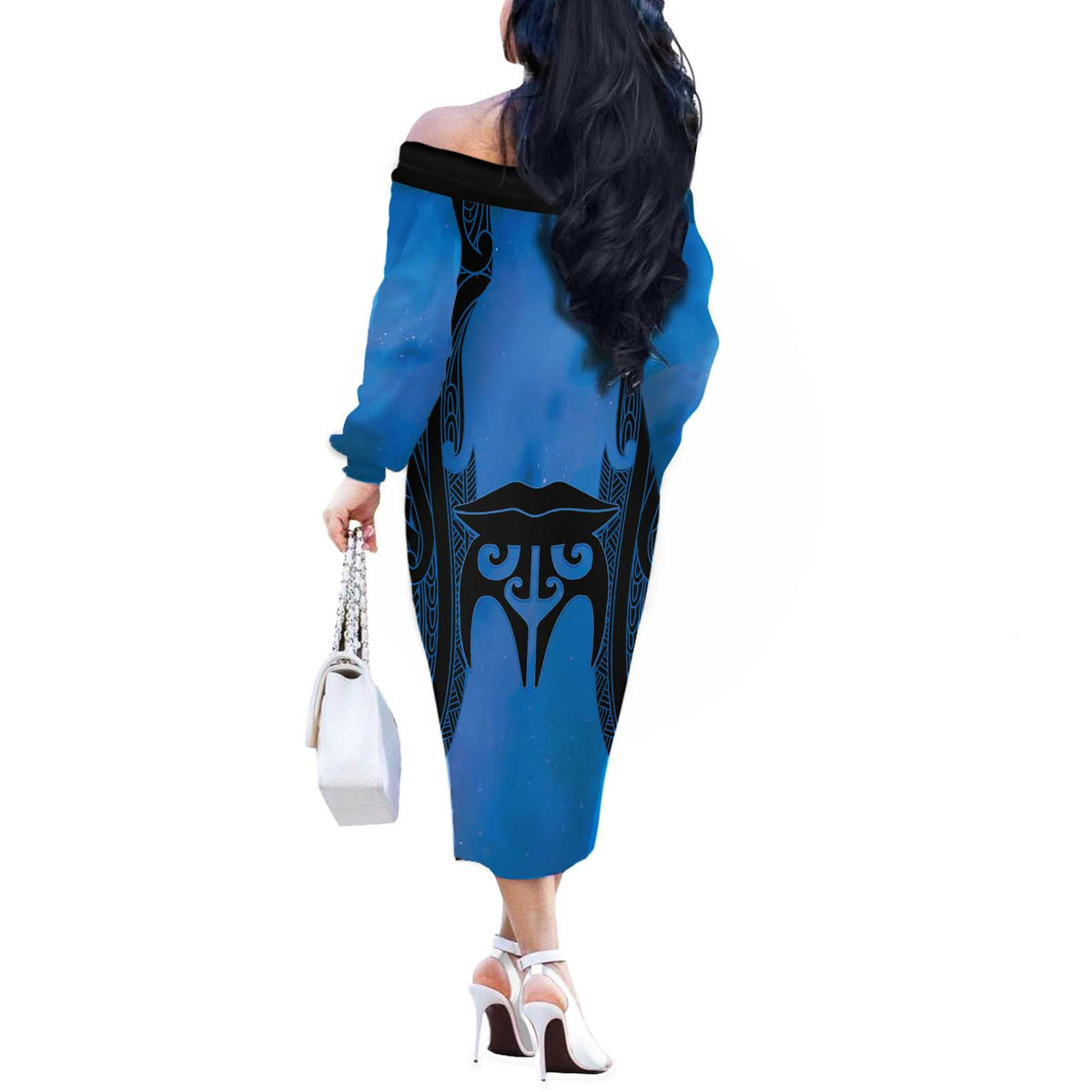 Personalised Moko Kauae New Zealand Off The Shoulder Long Sleeve Dress Maori Chin Tattoo Blue - Polynesian Pride