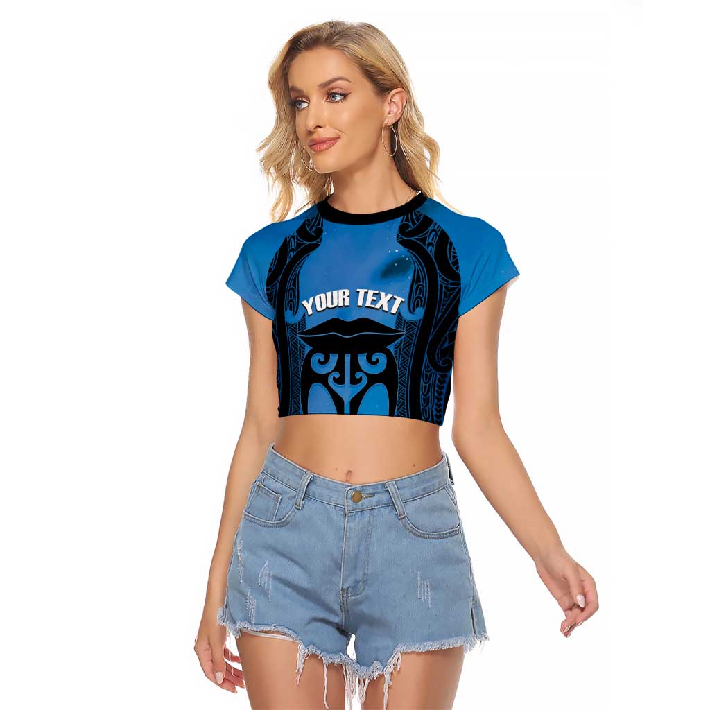 Personalised Moko Kauae New Zealand Raglan Cropped T Shirt Maori Chin Tattoo Blue - Polynesian Pride