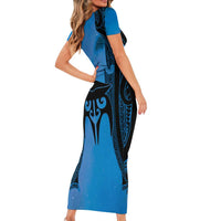 Personalised Moko Kauae New Zealand Short Sleeve Bodycon Dress Maori Chin Tattoo Blue - Polynesian Pride