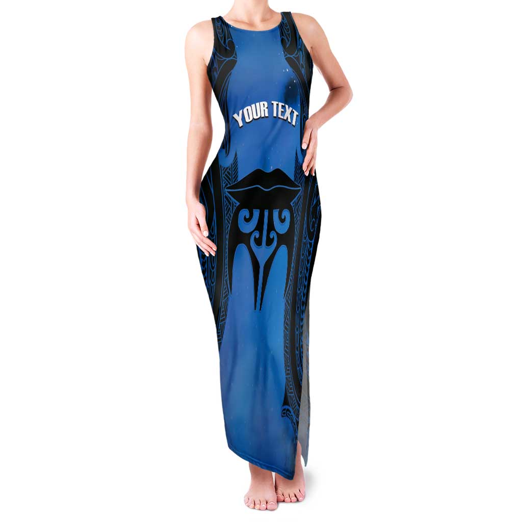 Personalised Moko Kauae New Zealand Tank Maxi Dress Maori Chin Tattoo Blue LT14 Women Blue - Polynesian Pride