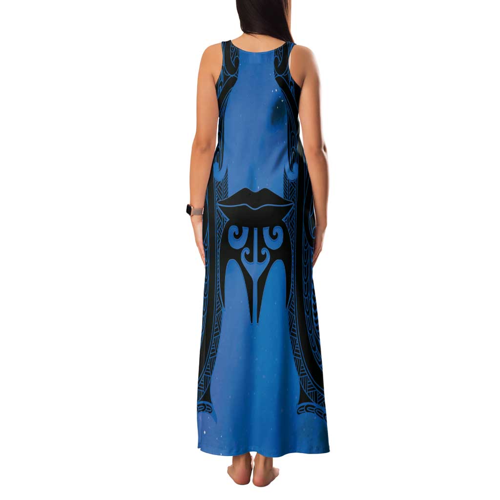 Personalised Moko Kauae New Zealand Tank Maxi Dress Maori Chin Tattoo Blue LT14 - Polynesian Pride
