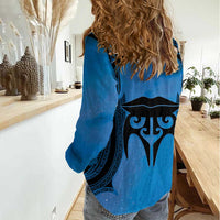 Personalised Moko Kauae New Zealand Women Casual Shirt Maori Chin Tattoo Blue - Polynesian Pride