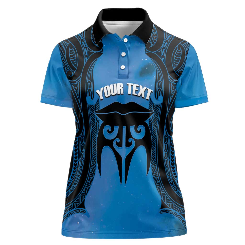 Personalised Moko Kauae New Zealand Women Polo Shirt Maori Chin Tattoo Blue - Polynesian Pride