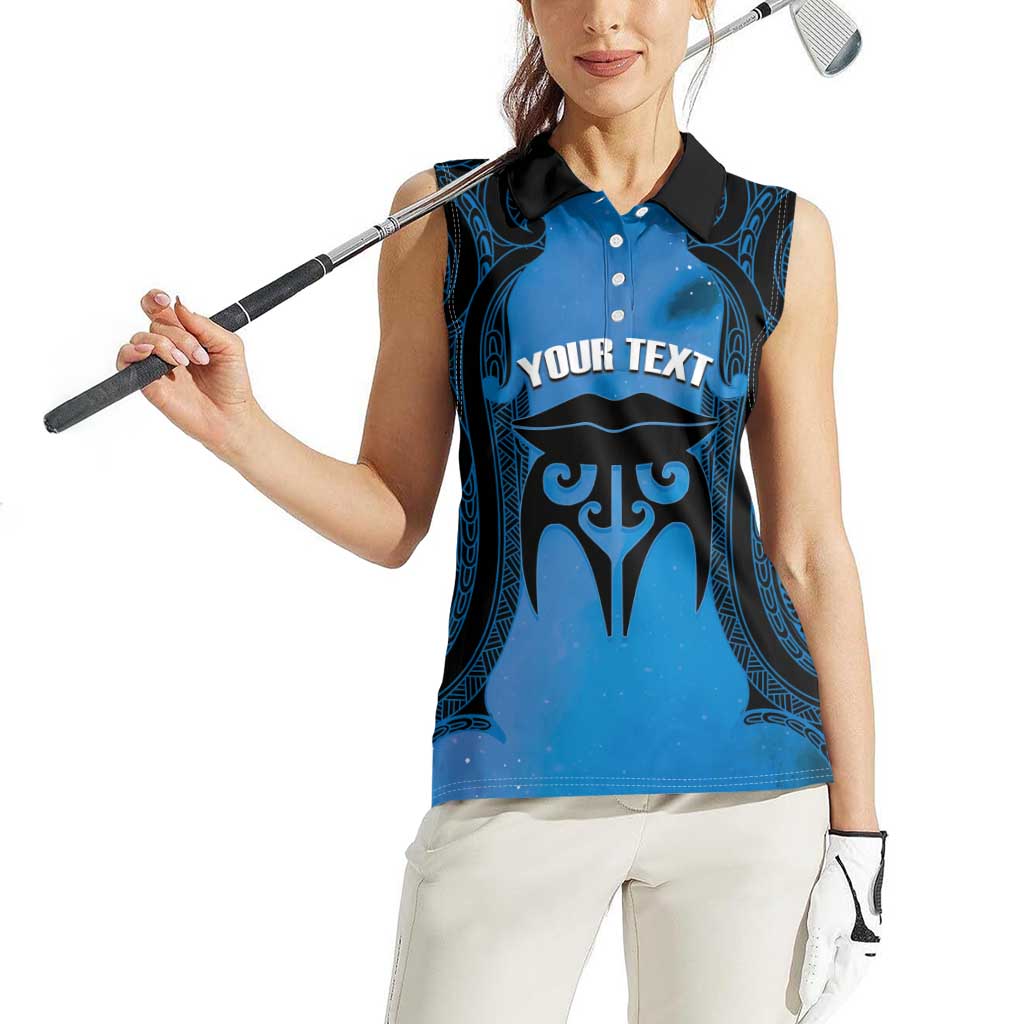 Personalised Moko Kauae New Zealand Women Sleeveless Polo Shirt Maori Chin Tattoo Blue - Polynesian Pride
