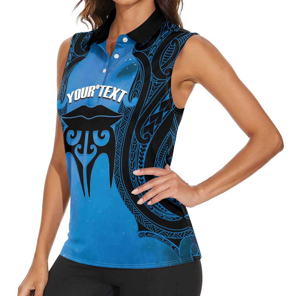 Personalised Moko Kauae New Zealand Women Sleeveless Polo Shirt Maori Chin Tattoo Blue - Polynesian Pride