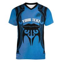 Personalised Moko Kauae New Zealand Women V-Neck T-Shirt Maori Chin Tattoo Blue LT14 Female Blue - Polynesian Pride