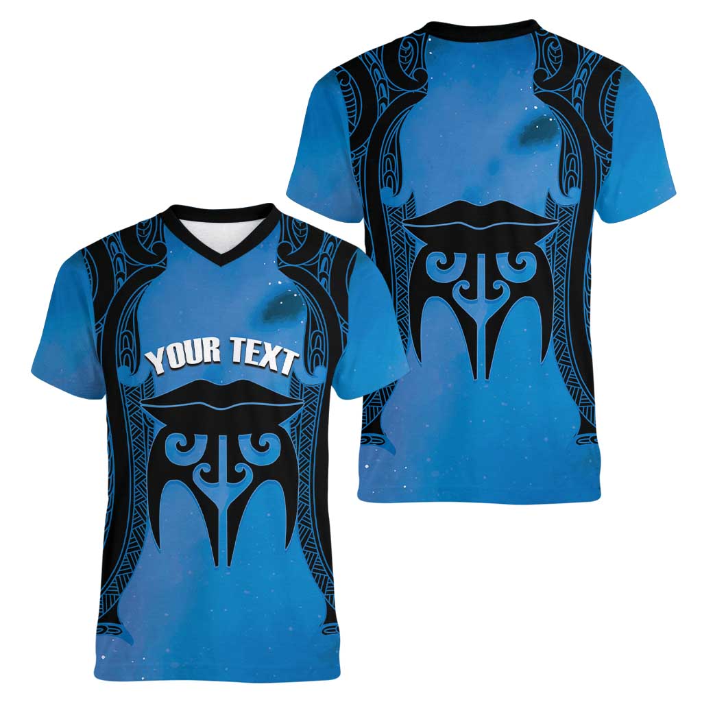 Personalised Moko Kauae New Zealand Women V-Neck T-Shirt Maori Chin Tattoo Blue LT14 - Polynesian Pride