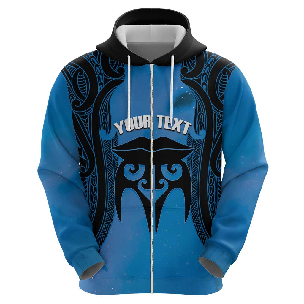 Personalised Moko Kauae New Zealand Zip Hoodie Maori Chin Tattoo Blue - Polynesian Pride