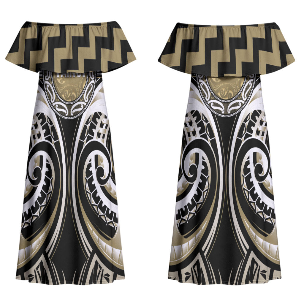 Aotearoa Waikato Tainui Personalised Couples Matching Off Shoulder Maxi Dress and Long Sleeve Button Shirt Maori Iwi Poutama Puhoro Tattoo LT14 - Polynesian Pride
