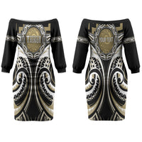 Aotearoa Waikato Tainui Personalised Couples Matching Off The Shoulder Long Sleeve Dress and Hawaiian Shirt Maori Iwi Poutama Puhoro Tattoo LT14 - Polynesian Pride