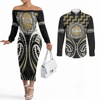 Aotearoa Waikato Tainui Personalised Couples Matching Off The Shoulder Long Sleeve Dress and Long Sleeve Button Shirt Maori Iwi Poutama Puhoro Tattoo LT14 Old Yellow - Polynesian Pride