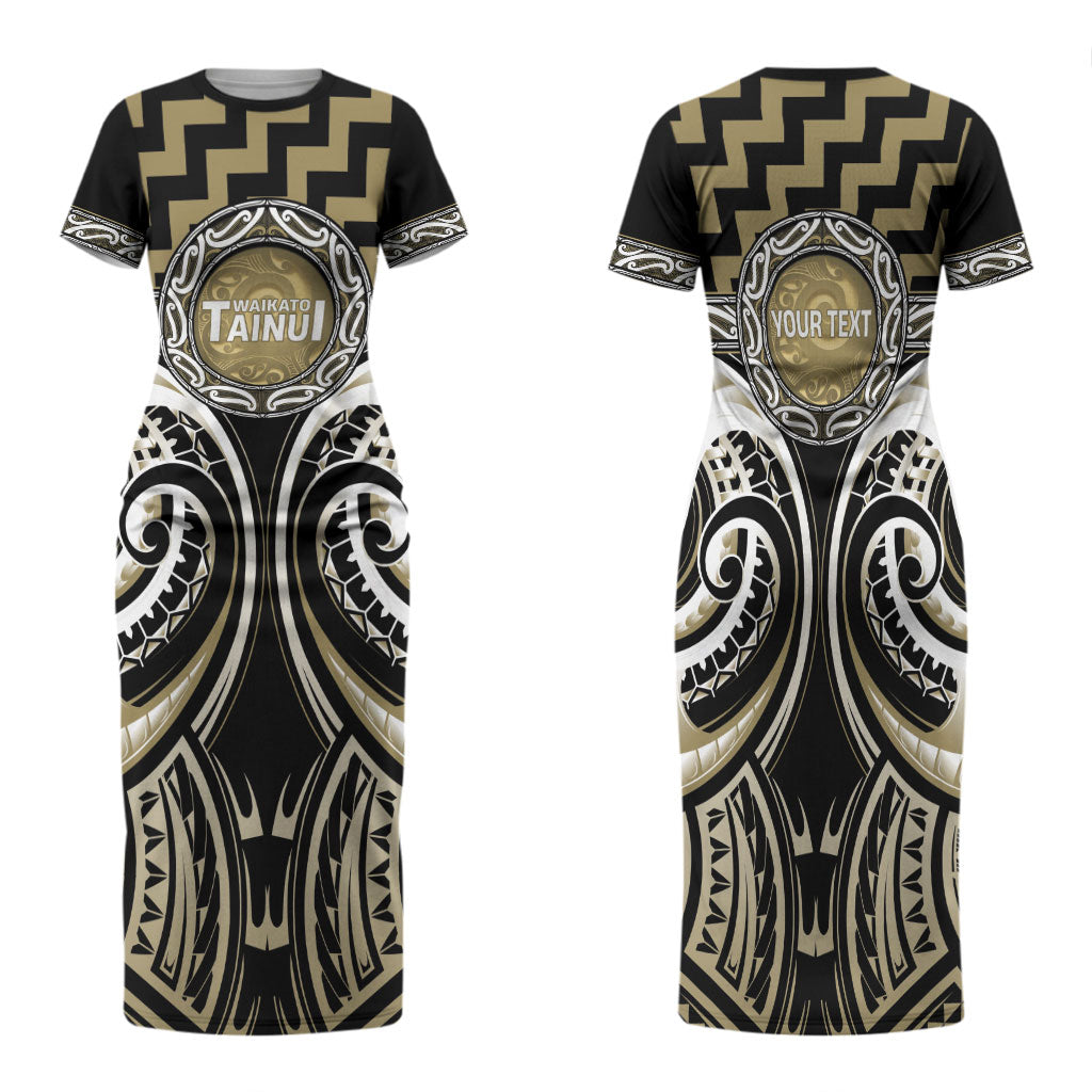 Aotearoa Waikato Tainui Personalised Family Matching Short Sleeve Bodycon Dress and Hawaiian Shirt Maori Iwi Poutama Puhoro Tattoo LT14 Mom's Dress Old Yellow - Polynesian Pride
