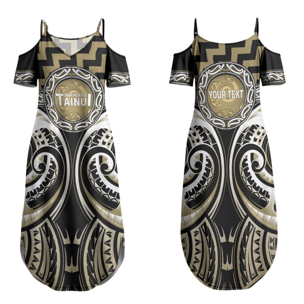 Aotearoa Waikato Tainui Personalised Family Matching Summer Maxi Dress and Hawaiian Shirt Maori Iwi Poutama Puhoro Tattoo LT14 Mom's Dress Old Yellow - Polynesian Pride