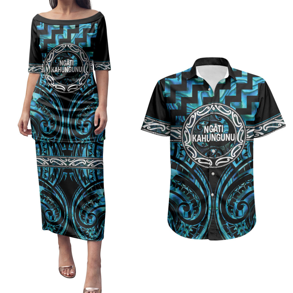 Aotearoa Ngati Kahungunu Personalised Couples Matching Puletasi and Hawaiian Shirt Maori Iwi Poutama Puhoro Tattoo LT14 Turquoise - Polynesian Pride