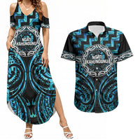 Aotearoa Ngati Kahungunu Personalised Couples Matching Summer Maxi Dress and Hawaiian Shirt Maori Iwi Poutama Puhoro Tattoo LT14 Turquoise - Polynesian Pride
